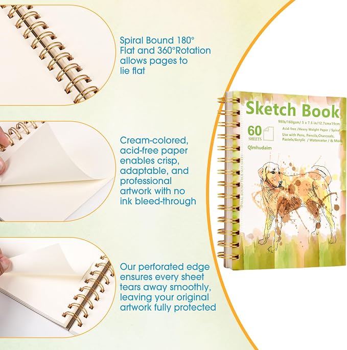 Qlmhudaim Mixed Media Sketchbook, 5"x7.5", 60 Sheets 160gsm/98lb Acid-Free Paper, Spiral Bound Sketch pad for Crayon, Marker, Color Pencil & Sketching,Multi-Medium Art Notebook for Beginners, Teens.