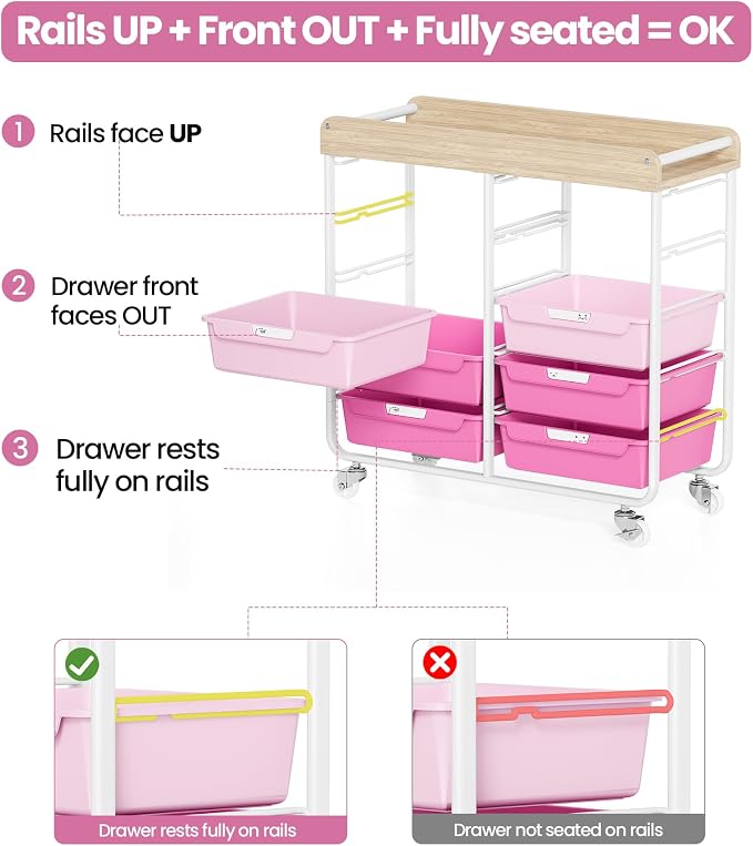 10 Drawers Rolling Cart with Wooden Tabletop, Utility Storage Cart with Wheels, Art Supply Craft Organizer on Wheel with Metal Frame & Handles for Home Office School,Pink | Easy Setup, Large Capacity, Sturdy Build, Lockable Mobility, For office, classr...