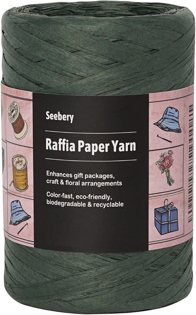 Raffia Ribbon Yarn for Crafts - Raffia Grass Twine for Gift Wrapping, DIY Decoration, Blinds & More | Matte String Paper Rope - 1/4'' Wide, 109 Yards, Green