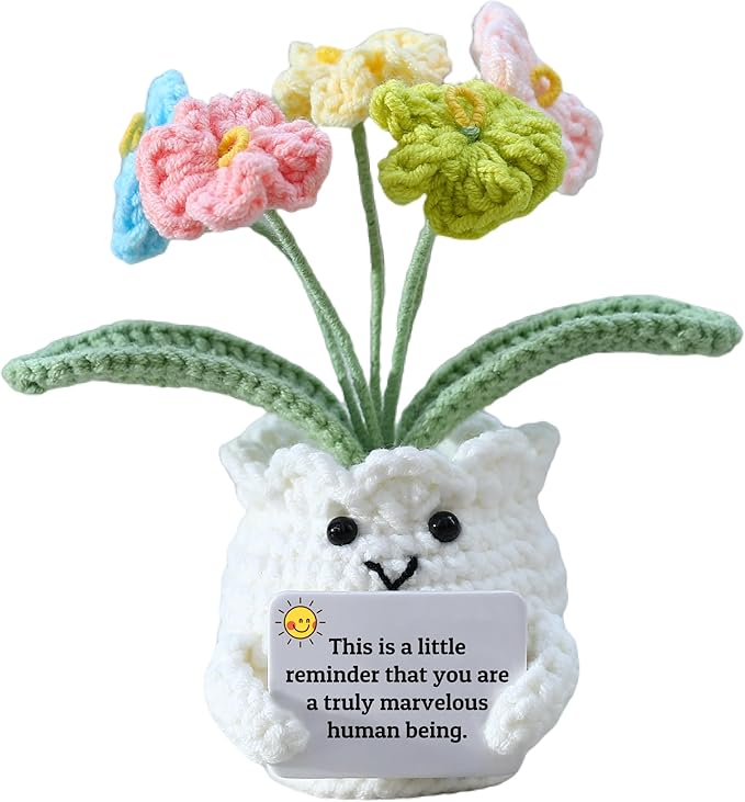 Forget-Me-Not Positive Crochet Flowers Plants Gift Handmade Desk Decor with Card “This is a Little Reminder” Appreciation Inspirational Gift for Coworkers Women Employee Teacher Best Friend Mom