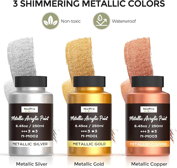 Nicpro Acrylic Paint Set Metallic,25.33oz/750ml Gold Leaf Paint