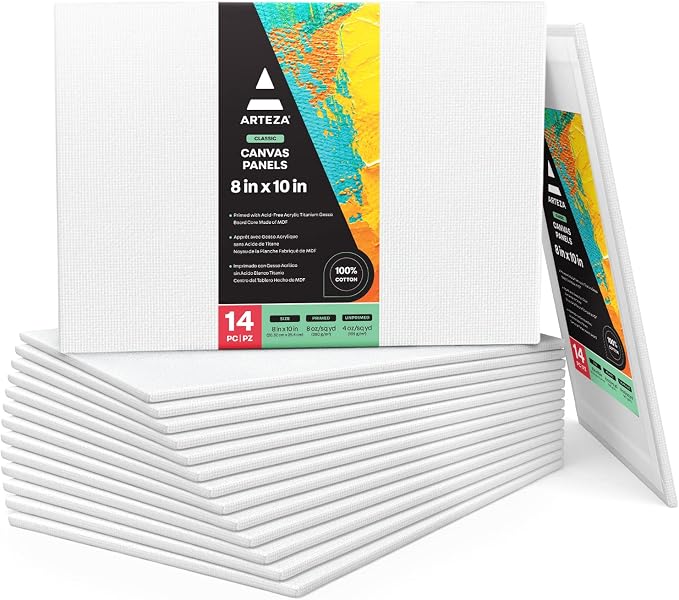 ARTEZA Canvas Panels, 8 x 10 in, Pack of 14, 100% Cotton Pre-Primed Canvas Boards for Acrylic, Oil, Gouache, Tempera, Pouring Paint, Crafts, and Mixed Media