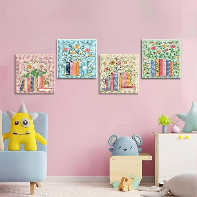 ICYANART 4 Pack Diamond Art Painting Kits for Kids Ages 6-8-12 6x6Inch | Small Diamond Art for Kids, Book Gem Art Kit for Kids, Easy Arts and Crafts for Kids Ages 8-12 (no Frame)