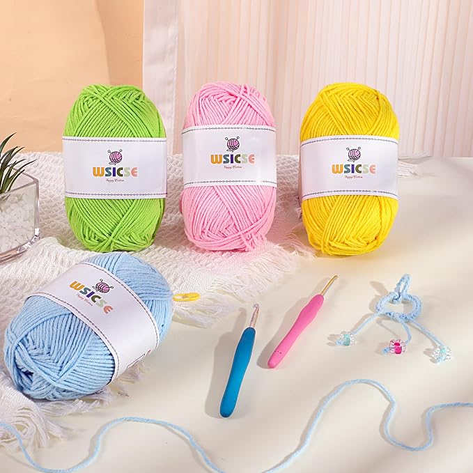 4 Pack Crochet Yarn, 560 Yard Soft Macaron Yarn for Crocheting Decor Gifts | 60% Cotton, 40% Polyester, 4 x 50G Skeins, for Crochet and Knitting, Soft, Durable, for 3-4 mm Needles, 2-3 mm Crochet Hooks
