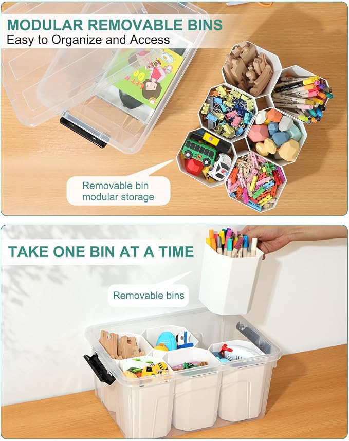 EOENVIVS Clear Storage Bins with 6 Tall Inserts, Stackable craft organizers and storage Box, Plastic Storage Totes with Lids and Handles for Crafts, Jewelry & Sewing, Art Supplies, Markers, Pens