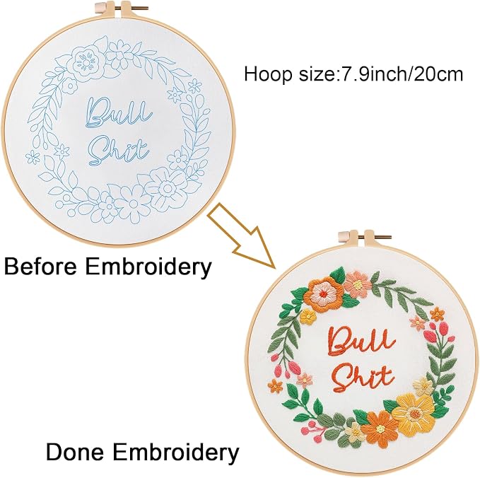 Louise Maelys Funny Flower Wreath Embroidery Kit for Beginners, DIY Craft | Floral Needlepoint Kit with Pre-Printed Fabric, Hoop, Threads, Needles and Guide. Cross Stitch Starter Kit for Adults