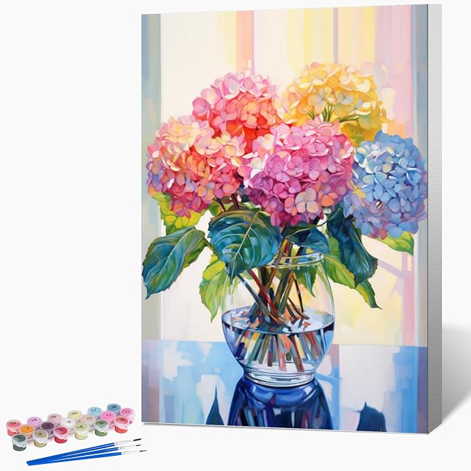 Framed Paint by Numbers Kit for Adults Beginner & Kids Ages 8-12, Hydrangea in Glass Vase Window Paint by Number with Frame, Easy Acrylic Colorful Flowers Painting by Numbers Kit on Canvas 8x12 inch