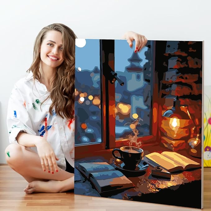 Fountor Window View Paint by Numbers Kit for Adults Beginner, Coffee Adult Paint by Number Kits on Canvas Without Frame, Acrylic Painting by Numbers for Home Decor Gift 16” W x 20”L