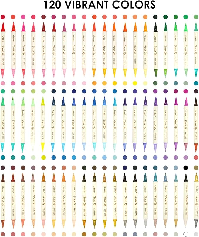 Grabie 120 Color Acrylic Paint Markers, Pack of 60 Dual Tip Brush Pens | 120 Colors in 60 Markers,Dual Tip Soft Brush Design,Water-Based Acrylic Ink For Paper, Rock, Wood, Canvas, Glass & Fabric