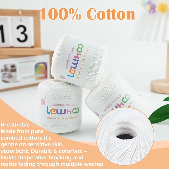 3 Pack Crochet Thread, 100% Cotton Size 3 Lace Yarn Set White
