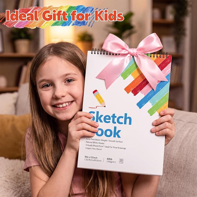 Sketch Book 9 x 12 Inch Drawing Pad for Kids Adults Beginners Acid Free Paper Spiral Bound Sketchbook for Drawing Colored Pencils Charcoal Pastels Art Class Travel