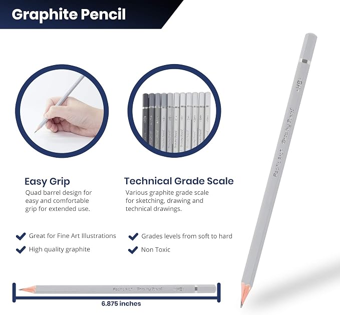 Pacific Arc Premium Graphite Drawing Pencils for Artists, Tech Pack - Professional Pencils for Drawing, Drafting, Sketching and Shading 12 Pk. - Great Non Toxic Art Supplies Set
