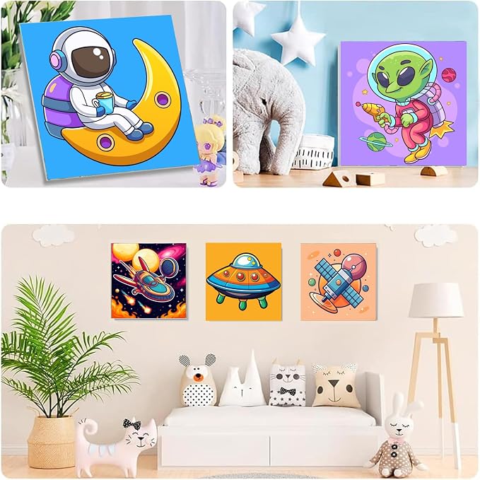 MXCFZX 6 Pack Paint by Numbers Kit for Kids with Frame,Cartoon Rocket Ship Painting Kits for Ages 6-12,Alien Easy DIY Acrylic Paint by Number Kids Paint for Beginner,Perfect for Wall Decor(8X8inch)