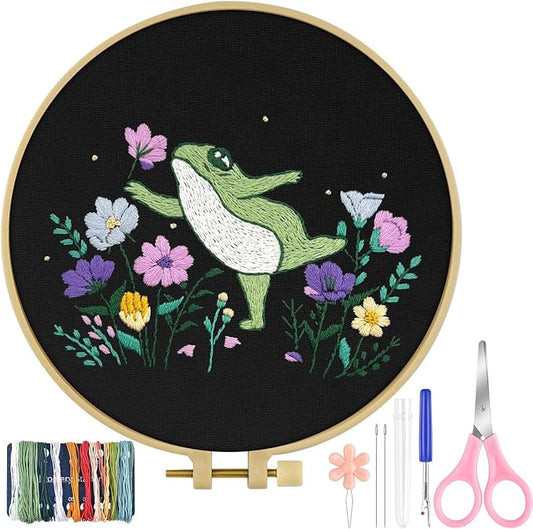 TINDTOP Embroidery Kit for Beginners Adult, Frog Embroidery Kit | Include Embroidery Cloth Hoops Threads for Craft Lover Hand Stitch with Embroidery Skill Techniques
