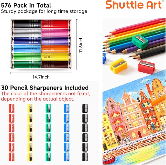Shuttle Art 576 PCS Colored Pencils Bulk, 12 Colors, Pre-sharpened for Kids | Vibrant Colors, Break-Resistant, Bulk Pack Back to School Supplies for Teachers, Students, Classrooms