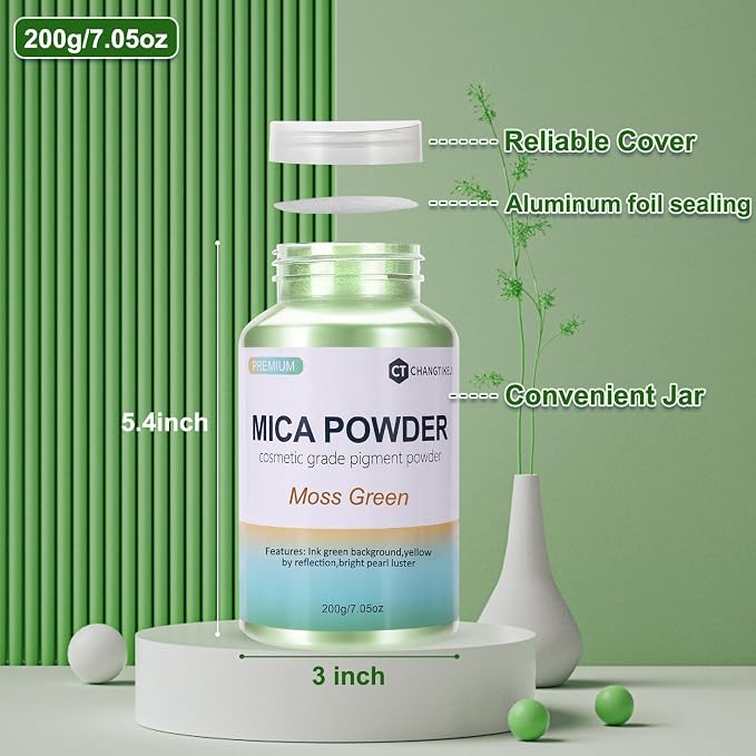 Mica Powder,7.05OZ（200g）,Moss Green Mica Powder Pigment for Epoxy Resin，Lip Gloss，Car Paint，Dye，Soap Making，Nail Polish,Epoxy Resin,Candle Making,Bath Bombs