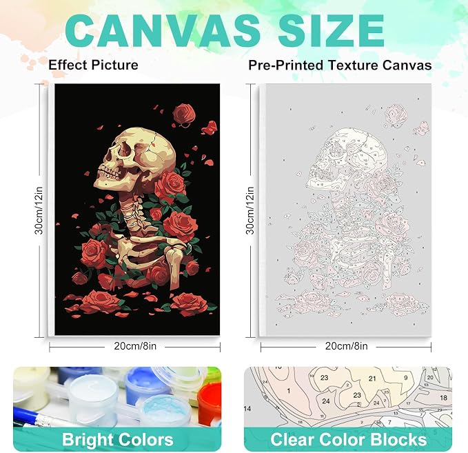 Framed Paint by Numbers Kit for Adults, Skeleton & Red Roses, 8 x 12 Inch | DIY Adult Paint by Number Kit for Beginners, Gothic Wall Decor, Stress Relief Craft Gift, Creative Hobby