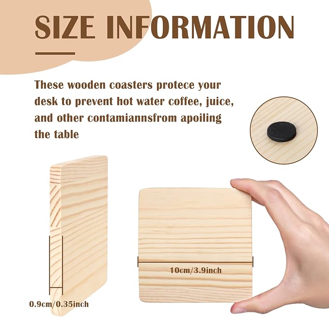 38 Pack Unfinished Wood Coasters - 4 Inch Square Blank Wooden Coasters with Non-Slip Silicon Dots for DIY Crafts, Architectural Models, Drawing, Painting, Wood Engraving