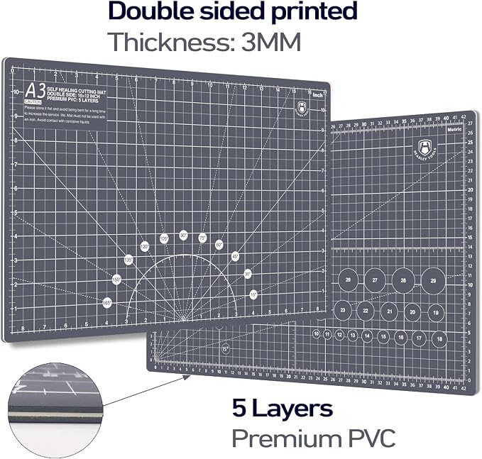 Headley Tools 18"x12" Thickened Self Healing Cutting Mat, A3 Rotary Cutting Sewing Mat for Crafts, Double Sided 5-Ply Table Cutting Board for Fabric Quilting Leather Arts Hobby Project, Grey
