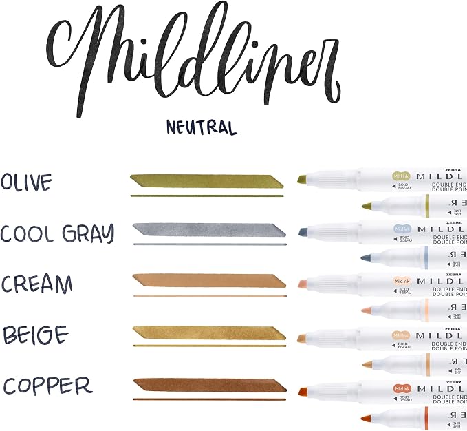 Zebra Pen Mildliner Double-Ended Highlighter Set, Broad and Fine Point Tips, No Bleed Bible Assorted Neutral Vintage Ink Colors, Model Number: 78605, 5-Count, Pack of 2