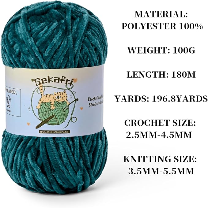 Fuzzy Chenille Yarn for Crocheting, Fluffy Amigurumi Crochet Yarn for DIY Craft/Hat/Shoes, (100g/197yds) Soft Velvet Baby Blanket Yarns（Sapphire Blue）