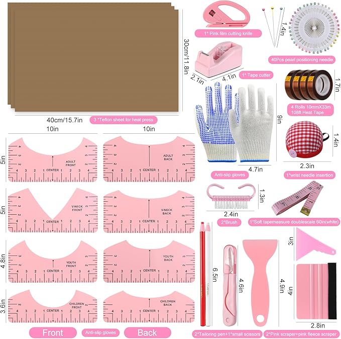 XEUZK Sublimation Shirts Tool Pink Kit With 8T Shirt rulers, 3Pack Teflon Sheet for Heat Press 12 x 16in, Heat Resistant Gloves & Silicone Bumps, 4Rolls Heat Resistant Tape& Tape Dispenser Sublimation