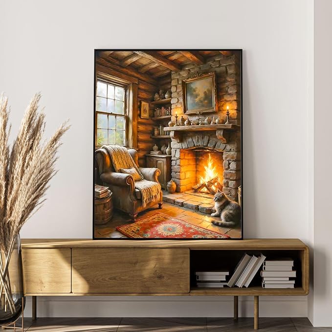 Paint by Numbers Kit for Adults, Cozy Fireplace & Rustic Cabin, 16x20 Inch