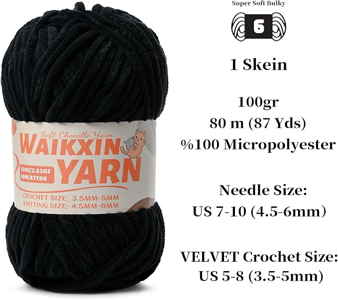 （3 Black） 3 Pack Super Soft Fuzzy Chenille Chunky Yarn for Crocheting, 300g (261yds) Velvet Fluffy Amigurumi Yarn for Hand Knitting Baby Blankets Weaving Craft