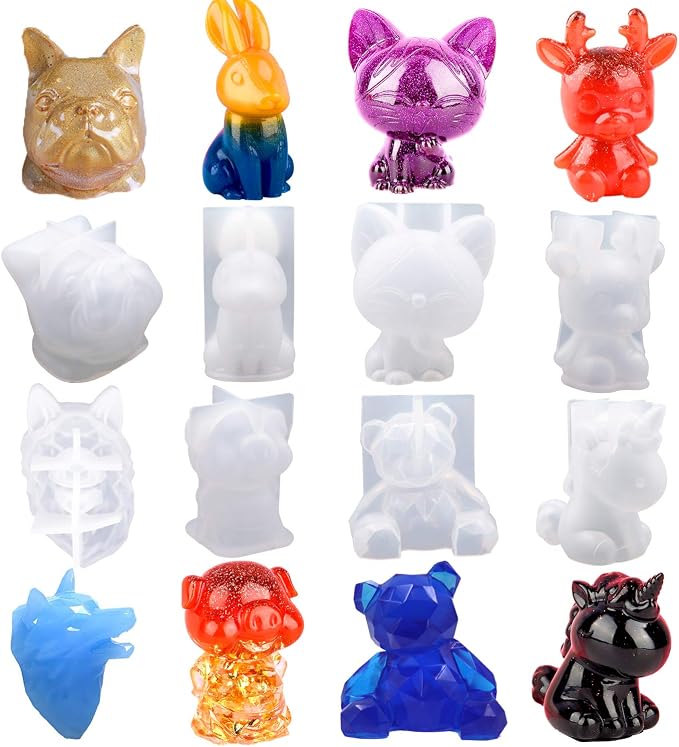 EuTengHao 20Pcs 3D Animal Resin Molds Tools Set Includes 8 Resin Casting Molds Large Clear Epoxy Silicone Molds 2 Measurement Cup 10 Wood Sticks for Resin Craft DIY