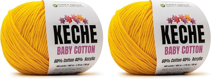 Keche Baby Cotton, 60% Cotton 40% Acrylic Yarn, Soft Cotton Yarn for Crochet and Knitting, Amigurumi Yarn 4 Skeins/Balls [1.76 Oz (50g) / 180 Yrds (165m)] x 2 Yellow