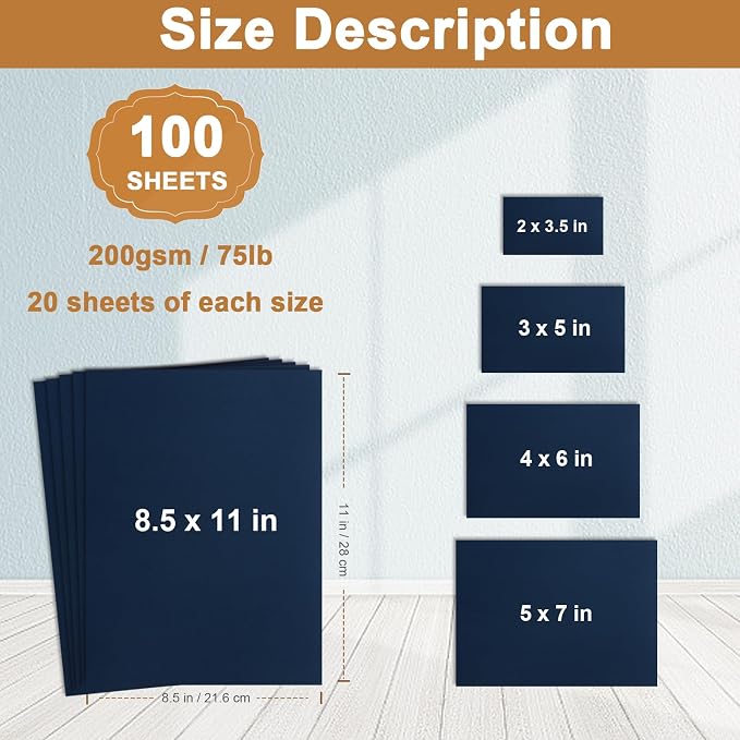 Silunkia 100 Sheets Navy Blue Cardstock 5 Assorted Size 75lb