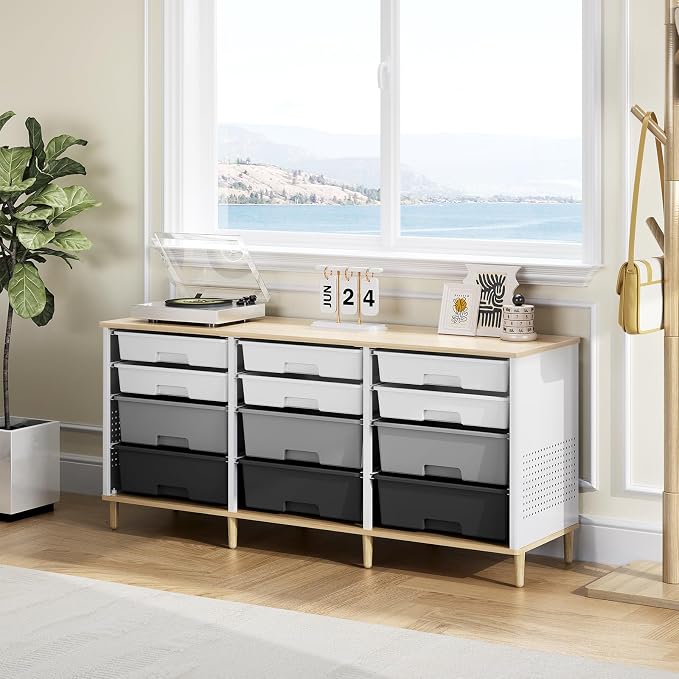 TOOLF 12 Drawers Storage Cabinet with Wooden Top and Plastic Bins, Grey | Toy Shelf Storage Chest Cubby Organizer, for Home, Office, Playroom, Classroom & Craft Room