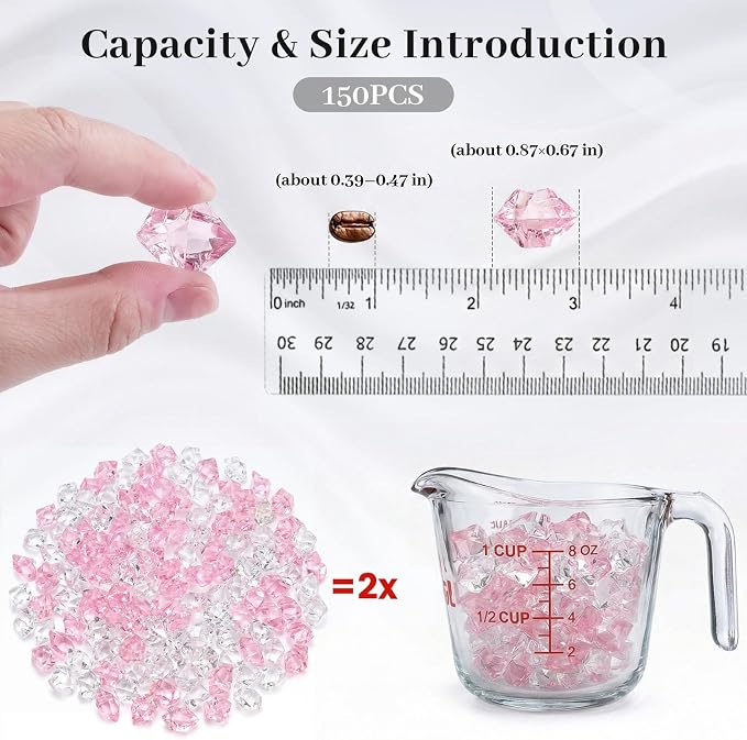 DomeStar Pink and Clear Fake Ice Rocks, 150 PCS Acrylic Crystal Vase Filler