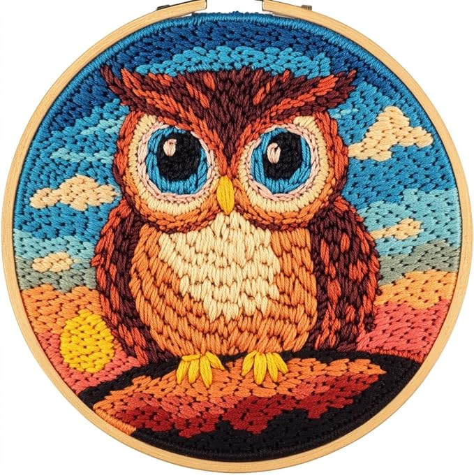 DIY Punch Needle Kits Owl with Sunset with Hoop 20x20cm-1 | with Pattern Stamped Easy for Beginners Embroidery Punch Needle Starter Craft Set for Adults Festival Gift and Decoration