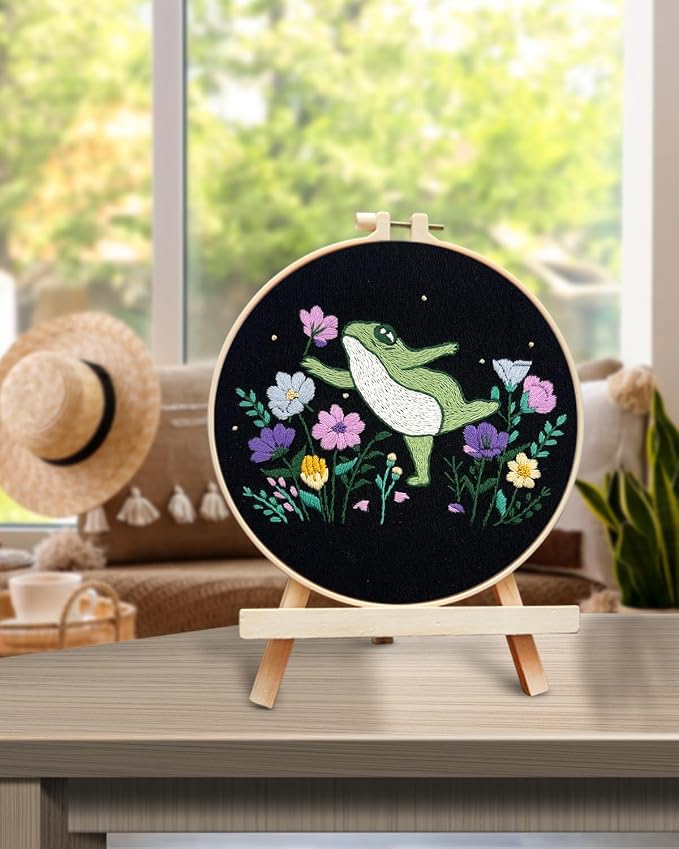 TINDTOP Embroidery Kit for Beginners Adult, Frog Embroidery Kit | Include Embroidery Cloth Hoops Threads for Craft Lover Hand Stitch with Embroidery Skill Techniques