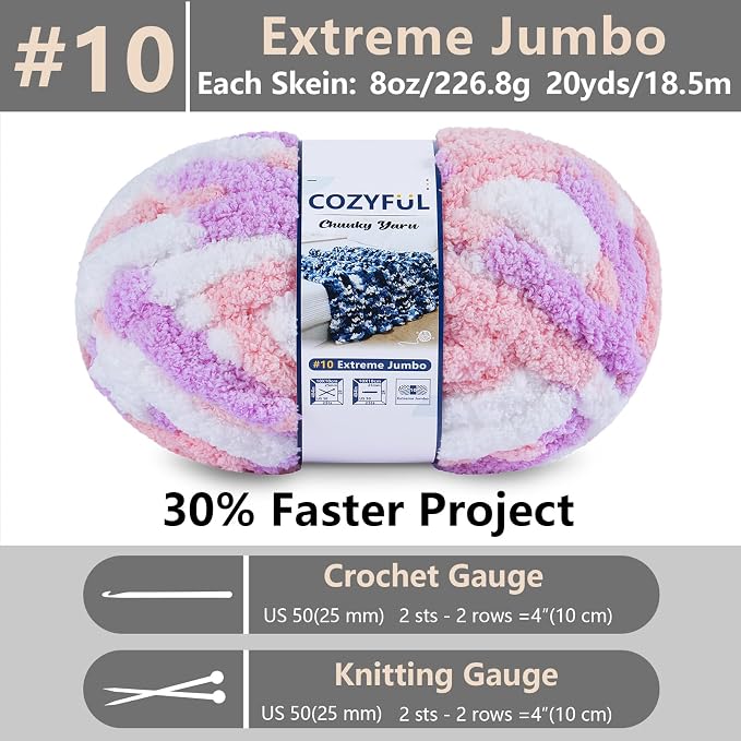 Cozyful Chunky Yarn for Hand Knitting - #10 Chunky Chenille Blanket Yarn, Jumbo Big Thick Chunky Yarns for Crocheting, Tie Dye Bulky Knit Yarns, 8 Skein (20 yds 8 oz Each Skein), Purple&Pink&White