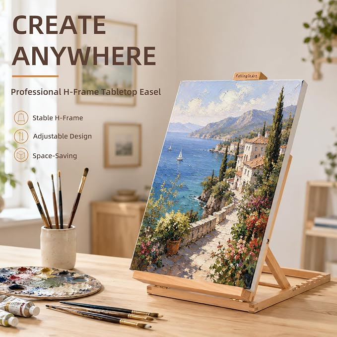Falling in Art Heavy-Duty H-Frame Tabletop Easel for Painting | Adjustable Beechwood Desktop Easel, Portable Canvas Stand for Adults, Beginners and Artists