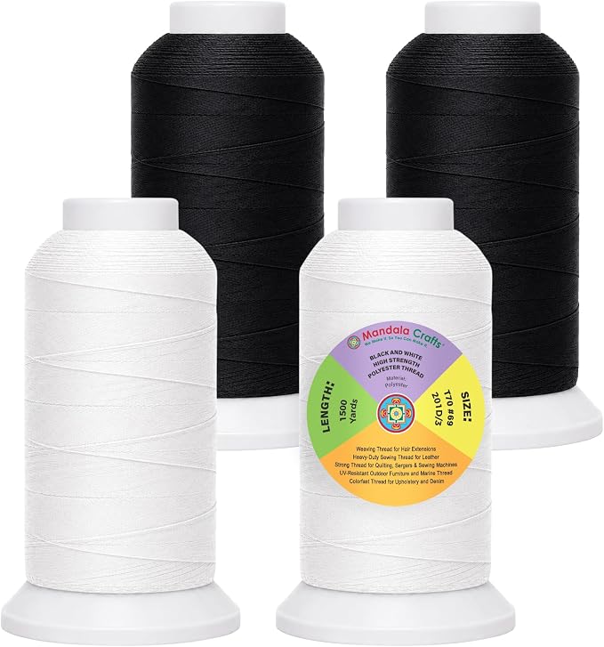 Mandala Crafts Black White Tex 70 Upholstery Polyester Heavy Duty Thread | 1500x4 Yds T70 UV Resistant Strong Thread for Leather Sewing, Marine, Drapery, Jeans, Hair Weaving & Extension, Outdoor