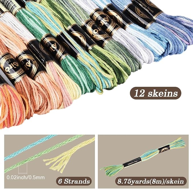 12 Skeins 105 Yards Cross Stitch Floss Variegated Friendship Bracelet String 6 Ply Polyester Colorful Gradient Embroidery Thread for Sewing Making Needlecraft Knitting Clothes Stitching DIY
