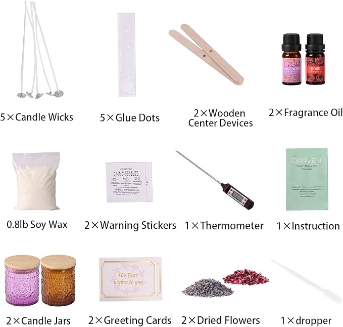 DARJEN Candle Making Kit for Beginners, 2 Jars Soy Wax Scented DIY Set | 100% Soy Wax, 10oz Glass Jars, Natural Cotton Wicks, Pleasant Scents, Instruction& More- Perfect as Home Decorations
