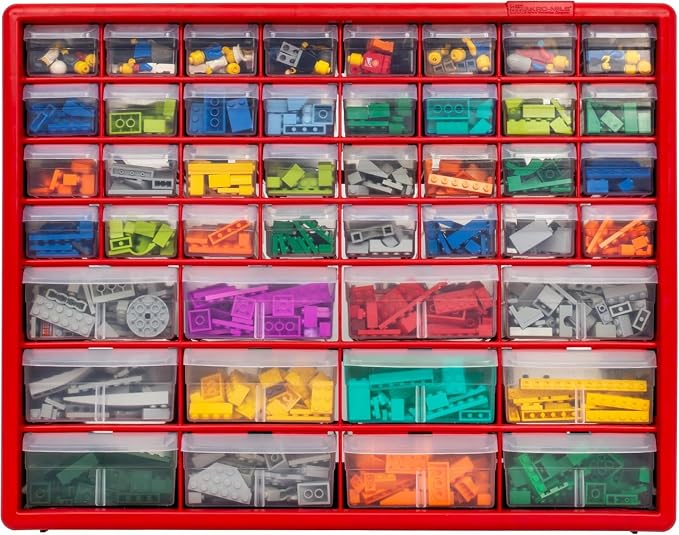 Akro-Mils 44-Drawer Plastic Storage Cabinet, 20" W x 6" D x 16" H, Red | Plastic Cabinet w/ Drawers for Garage Organization, Beads, Building Bricks Storage, Teacher Toolbox, Makeup Organizer, 10144