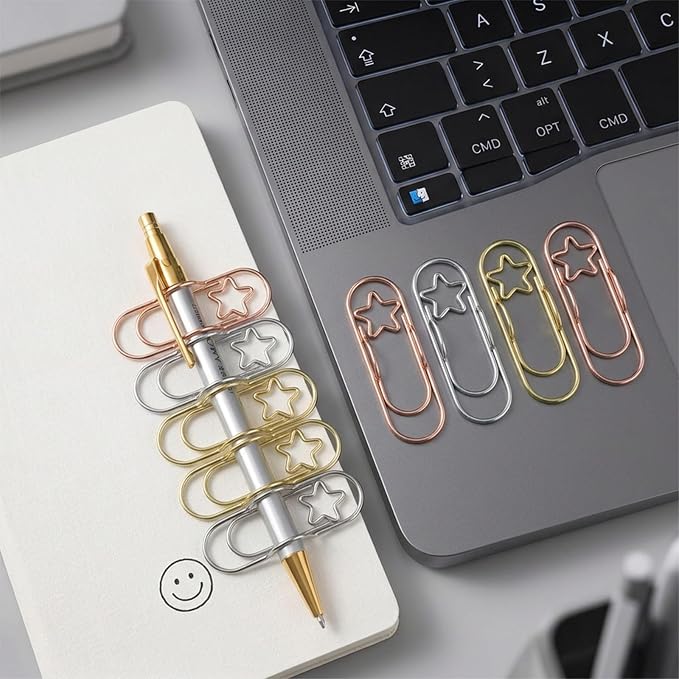 Ymapinc 15 Pcs Star Paper Clips Small, Pen Holder Clips, Metal Cute Paperclips, Pen Holder for Notebook, Bookmark, Planner/Journal Accessories for School Office (Gold+Silver+Rose gold)*5