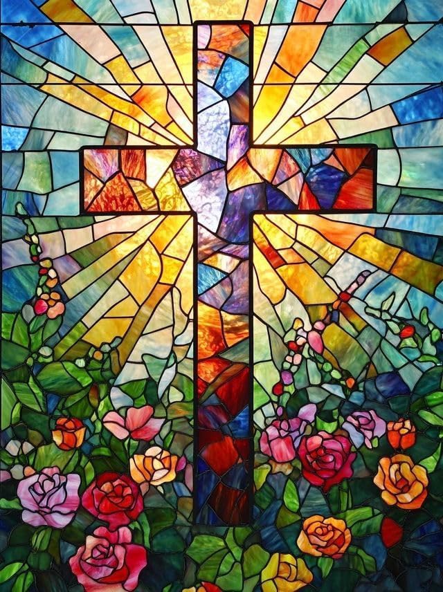 RYMILIE Diamond Art Kits for Adults Stained Glass Cross12x16inch | 5D Stress Relief Diamond Painting Kit for Beginners, DIY Full Round Drill Gem Art Crafts for Home Wall Decor Gift
