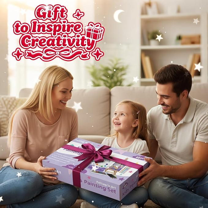 Falling in Art 46 Pcs Kids Acrylic Painting Set with Table Easel, Purple | Art Painting Kit with Paints, Canvas, Paintbrushes, Canvas Supplies Kit for Kids, Adults, Beginners, and Artists