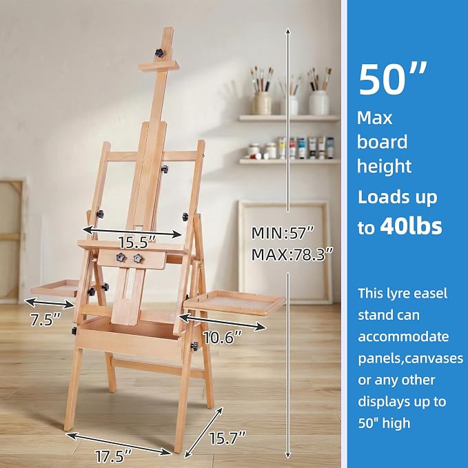 Falling in Art Large Horizontal Wooden Painting Easel, Holds up to 50'' | H-Frame Studio Easel Stand with Storage Drawer and Palettes, Suitable for Adults, Beginners, and Artists