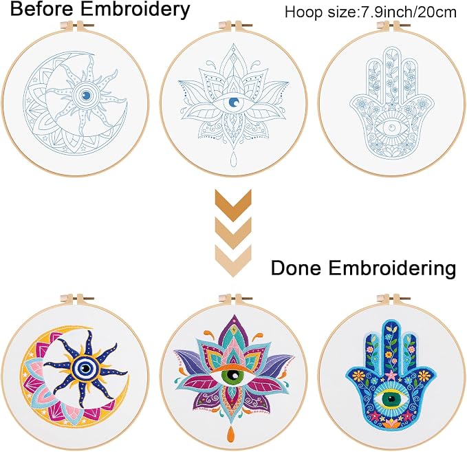 Louise Maelys 3 Pack Tarot Evil Eye Embroidery Kit for Beginners DIY Craft | Cross Stitch Kits Include Pre-Printed Fabric, Embroidery Hoop, Threads, Needles and Guide. Needlepoint Kit for Beginners