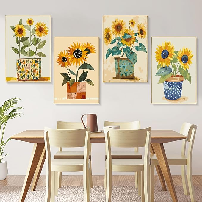 4 Pack Framed Paint by Numbers Kit for Adults with Wooden Easel, Sunflower Easy Paint by Number Kits with Frame, DIY Acrylic Adult Paint by Number Kits on Canvas Framed for Home Decor Gift 8x12 Inch