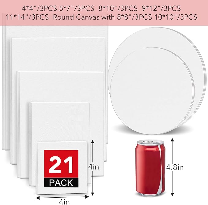 ESRICH Canvas Boards for Painting-21 Pack Blank Flat Canvas Boards-4x4, 5x7, 8x10, 9x12, 11x14, Round Canvas D8, D10, Cotton Primed Canvas Panels, Painting Canvas for Oil, Acrylic, Watercolor.