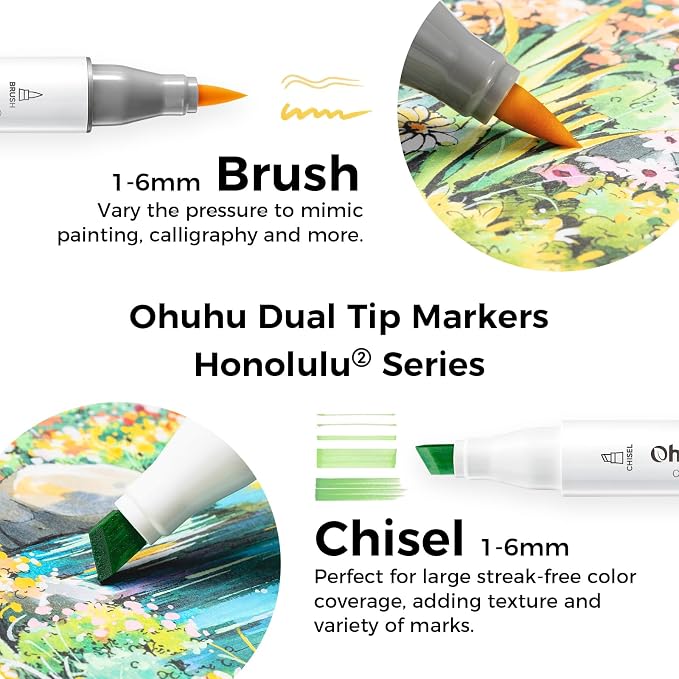 Ohuhu Alcohol Markers Brush Chisel 120 Colors for Adult Coloring Refillable | AP Certified Art Marker Set, Dual Tips Alcohol-based for Artists Beginners Drawing Illustration Sketching, Honolulu 2
