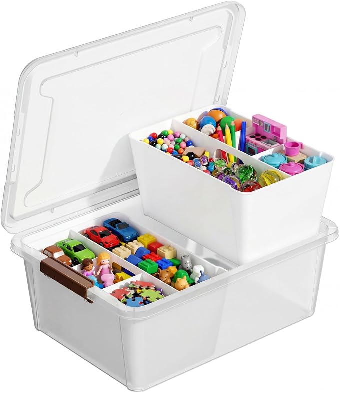 MACOPRO 17QT Craft Storage Box with 2 Removable Caddy Trays, Clear Stackable Plastic Organizer with Lid for Art Supplies, Beads, Sewing Tools, Pens & Kids Toys (White, 1Pack-2-in-1)